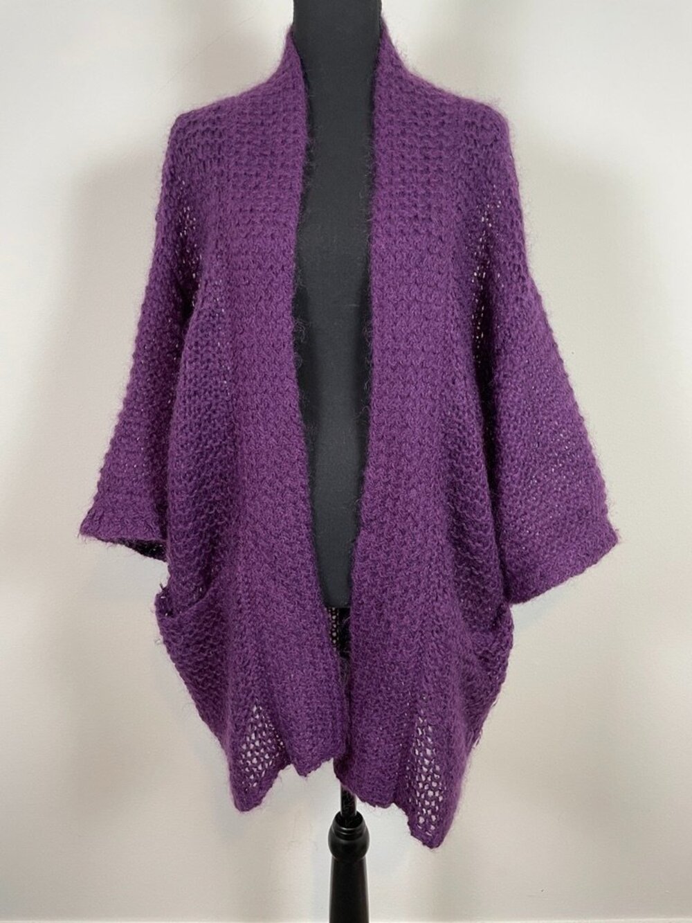 Biba open-front cardigan in a rich deep purple fuzzy knit, size M